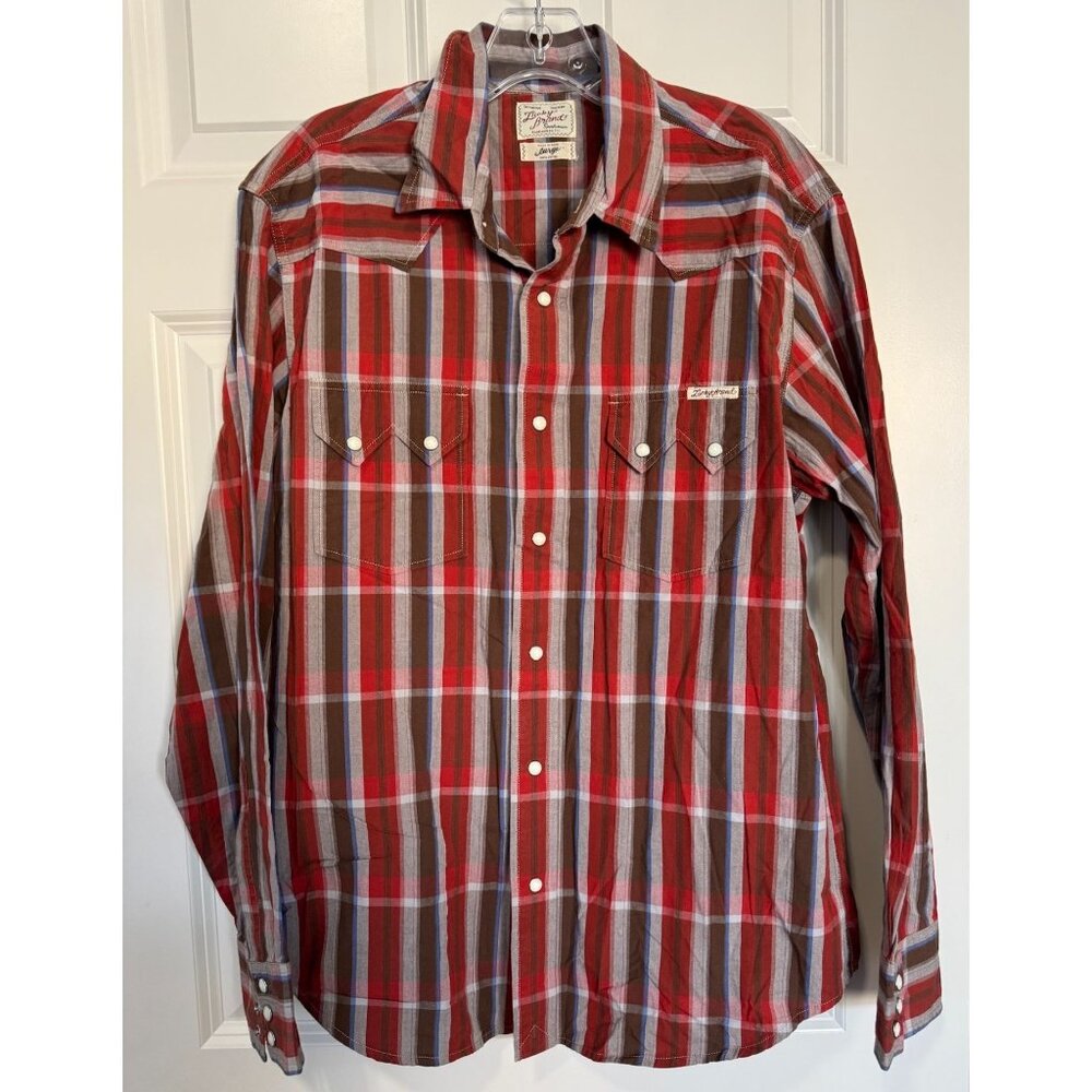 Lucky Brand Pearl Snap Shirt Plaid Check Red Brown Western Cowboy Men's Large L